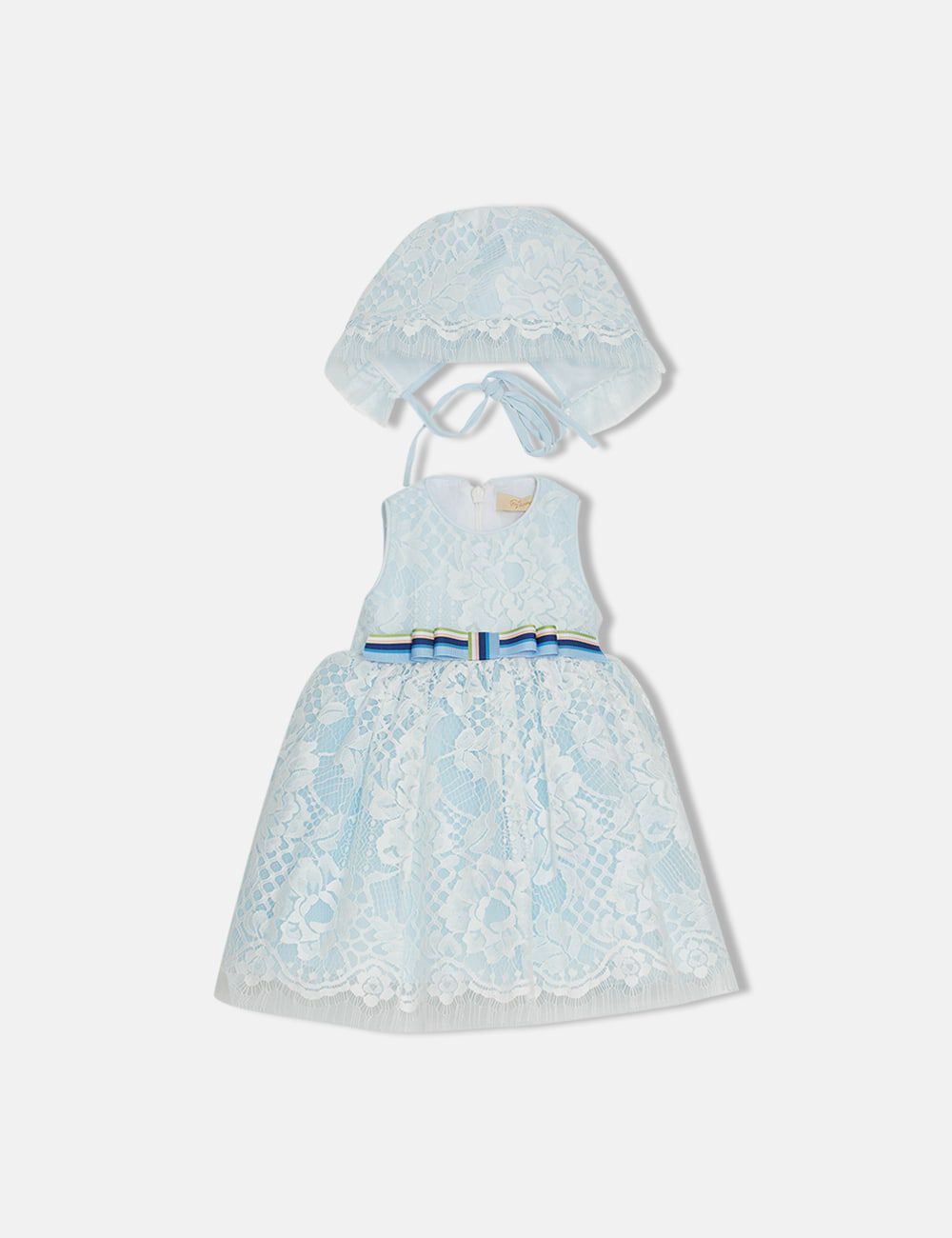 OFFWHITE AND BLUE LACE BABY DRESS WITH HAT
